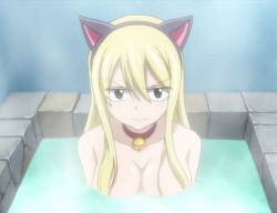 Rule 34 | 1girl, animal ears, bath, bell, neck bell, blonde hair, breasts, brown eyes, cat ears, cleavage, collar, fairy tail, large breasts, long hair, lucy heartfilia, solo