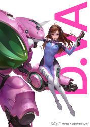 Rule 34 | 10s, 1girl, 2016, absurdres, ahoge, animal print, artist name, bad id, bad pixiv id, blizzard (company), bodysuit, breasts, brown eyes, brown hair, character name, covered navel, d.va (overwatch), dated, dh (xuxiaoxxd), emblem, facepaint, facial mark, finger on trigger, full body, gloves, gun, handgun, headphones, high collar, highres, holding, holding gun, holding weapon, knees together feet apart, logo, long hair, looking at viewer, mecha, medium breasts, meka (overwatch), open mouth, overwatch, overwatch 1, pilot suit, pistol, rabbit print, ribbed bodysuit, robot, september, shoulder pads, signature, simple background, sitting, skin tight, solo, swept bangs, weapon, whisker markings, white background, white gloves