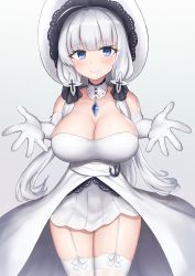 Rule 34 | 1girl, ahoge, azur lane, blue eyes, blush, breasts, cleavage, closed mouth, collarbone, commentary request, dress, elbow gloves, garter straps, gloves, gradient background, hair ribbon, hat, highres, illustrious (azur lane), large breasts, long hair, looking at viewer, mole, mole under eye, nezumi7983, outstretched arms, ribbon, smile, solo, standing, strapless, strapless dress, sun hat, thighhighs, thighs, tress ribbon, tri tails, very long hair, white dress, white gloves, white hair, white hat, white thighhighs