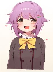 Rule 34 | 1girl, bad id, bad twitter id, blush, bow, bowtie, brown eyes, cropped torso, hair flaps, heart, idolmaster, idolmaster cinderella girls, korean commentary, koshimizu sachiko, looking at viewer, mg pong, open mouth, purple hair, short hair, simple background, solo, upper body, yellow background, yellow bow, yellow bowtie