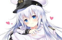 Rule 34 | anchor symbol, belt, black thighhighs, blue eyes, closed mouth, clothes on shoulders, commentary request, hair between eyes, hat, heart, hibiki (kancolle), hugging own legs, kantai collection, long hair, long sleeves, looking at viewer, military hat, motohara moka, peaked cap, school uniform, shirt, silver hair, simple background, solo, thighhighs, verniy (kancolle), white background, white hat, white shirt