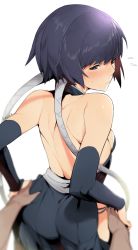 Rule 34 | 1girl, back, black eyes, black hair, bleach, blush, breasts, closed mouth, elbow sleeve, exposed muscle, hand on own hip, highres, kuma (jk0073), looking at viewer, looking back, short hair, simple background, small breasts, sui-feng, sweat, sweatdrop, white background