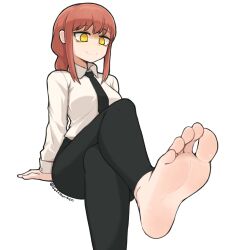 Rule 34 | 1girl, barefoot, chainsaw man, crossed legs, feet, female focus, foot focus, from below, leg up, long hair, makima (chainsaw man), necktie, presenting foot, red hair, simple background, smile, softhanten, soles, toes, white background, yellow eyes