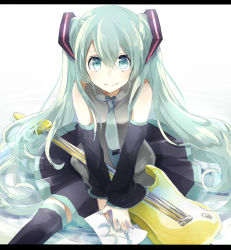 Rule 34 | 1girl, detached sleeves, electric guitar, gawako, green eyes, green hair, guitar, hatsune miku, highres, instrument, letterboxed, long hair, matching hair/eyes, necktie, sitting, skirt, smile, solo, thighhighs, twintails, very long hair, vocaloid