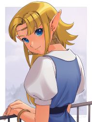 Rule 34 | 1girl, asagi (banzoku210), blonde hair, blue dress, blue eyes, bracelet, closed mouth, dress, earrings, eyelashes, fence, highres, jewelry, long hair, looking at viewer, looking back, nintendo, parted bangs, pointy ears, princess zelda, shirt, short sleeves, sidelocks, smile, solo, the legend of zelda, the legend of zelda: a link to the past, triforce earrings, white shirt