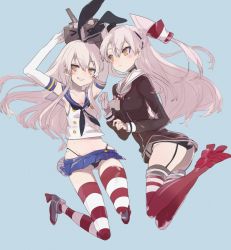Rule 34 | 10s, 2girls, agu, amatsukaze (kancolle), armpits, bad id, bad pixiv id, black panties, blonde hair, blue background, blush, bow, breasts, brown eyes, choker, cleavage, commentary request, elbow gloves, full body, garter straps, gloves, grin, hair between eyes, hair bow, hairband, hat, highleg, highleg panties, kantai collection, legs up, long hair, microskirt, midriff, mini hat, multiple girls, panties, pleated skirt, red legwear, rensouhou-chan, sailor collar, shimakaze (kancolle), sidelocks, simple background, skirt, small breasts, smile, string panties, striped clothes, striped legwear, striped thighhighs, suspenders, thighhighs, two side up, underwear, white gloves