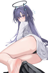 Rule 34 | 1girl, absurdres, ass, barefoot, black panties, black skirt, blue archive, blue eyes, blue hair, blush, closed mouth, commentary request, feet, halo, highres, legs, long hair, long sleeves, looking at viewer, lying, mechanical halo, neranainerune, on side, panties, pleated skirt, shirt, simple background, skirt, unworn skirt, soles, solo, thighs, two side up, underwear, wavy mouth, white background, white shirt, yuuka (blue archive)