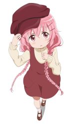 Rule 34 | 10s, 1girl, blush, braid, brown dress, brown eyes, brown footwear, brown hat, cabbie hat, comic girls, commentary request, dress, fang, hair between eyes, hair ornament, hairclip, hat, head tilt, highres, long hair, long sleeves, low twintails, moeta kaoruko, parted lips, pink hair, shoes, sincos, sleeveless, sleeveless dress, socks, solo, standing, sweater, twin braids, twintails, very long hair, white background, white socks