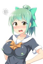 Rule 34 | 10s, 1girl, bad id, bad pixiv id, blonde hair, blush, bow, breasts, collarbone, green hair, hair bow, impossible clothes, kantai collection, large breasts, looking at viewer, nedia (nedia region), ponytail, school uniform, serafuku, short hair, short sleeves, simple background, solo, squiggle, upper body, yuubari (kancolle)