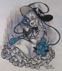 Rule 34 | 1girl, blue flower, blue rose, character name, chinese commentary, closed eyes, collared shirt, commentary request, dated, flower, frilled shirt collar, frilled skirt, frills, hat, hat ribbon, highres, komeiji koishi, long hair, long sleeves, marker (medium), open mouth, partially colored, ribbon, rose, shirt, skirt, smile, solo, third eye, touhou, traditional media, wavy hair, xianyujunzhimiyingla