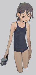 Rule 34 | 1girl, cowboy shot, female focus, grey background, grey eyes, grey hair, highres, holding, imamura ryou, looking to the side, original, school swimsuit, short hair, simple background, solo, standing, swimsuit, wet