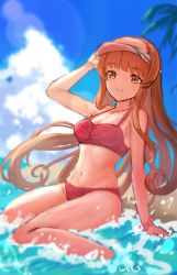 Rule 34 | 1girl, bare arms, bare legs, bare shoulders, beach, bikini, blurry, blurry background, blush, brown hair, closed mouth, cloud, cloudy sky, collarbone, day, green eyes, helena (kancolle), highres, kantai collection, long hair, navel, ocean, palm leaf, red bikini, signature, sky, smile, solo, swimsuit, wss (nicoseiga19993411)