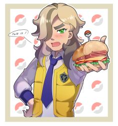 Rule 34 | 1boy, ;o, arven (pokemon), blush, brown hair, cheese, creatures (company), english text, food, game freak, green eyes, hair over one eye, hand on own hip, highres, long hair, long sleeves, male focus, miti demon, multicolored hair, necktie, nintendo, one eye closed, open clothes, open vest, poke ball symbol, pokemon, pokemon sv, sandwich, school uniform, shirt, sliced cheese, solo, thick eyebrows, tomato, tomato slice, two-tone hair, vest, white shirt, yellow vest