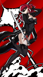 Rule 34 | 1girl, absurdres, black choker, black footwear, black jacket, black leotard, black thighhighs, breasts, choker, cleavage, collarbone, covered navel, frilled sleeves, frills, full body, gloves, head tilt, high heels, highres, holding, holding sword, holding weapon, hotate-chan, huge filesize, jacket, leg up, leotard, long sleeves, looking at viewer, mask, medium breasts, open clothes, open jacket, parted lips, persona, persona 5, persona 5 the royal, ponytail, red background, red eyes, red gloves, red hair, sheath, smile, solo, strapless, strapless leotard, sword, thighhighs, unsheathed, weapon, yoshizawa kasumi