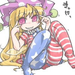 Rule 34 | 1girl, american flag, american flag dress, american flag legwear, american flag shirt, blonde hair, clownpiece, collar, fairy, fairy wings, frilled collar, frills, hat, jester cap, kureha mitsushige, leggings, neck ruff, pantyhose, polka dot, red eyes, short sleeves, smile, solo, striped clothes, striped pantyhose, touhou, wings