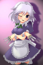 Rule 34 | 1girl, between fingers, braid, breasts squeezed together, breasts, female focus, frills, holding, izayoi sakuya, knife, maid, one eye closed, short hair, silver hair, solo, thighhighs, throwing knife, tilm, touhou, twin braids, weapon, wink