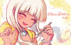 Rule 34 | 1girl, :d, blunt bangs, blush, bracelet, commentary request, danganronpa (series), danganronpa v3: killing harmony, dark-skinned female, dark skin, dated, ganguro, hands up, happy, happy birthday, heart, holding, holding paintbrush, jacket, jewelry, low twintails, necklace, open mouth, orange jacket, paintbrush, sasakama (sasagaki01), shell, shell necklace, smile, solo, teeth, twintails, upper body, upper teeth only, white hair, yonaga angie