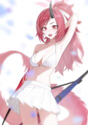 Rule 34 | 1girl, absurdres, bare arms, bare shoulders, black horns, blue archive, blush, bra, breasts, dragon tail, halo, highres, horns, long hair, looking at viewer, open mouth, pleated skirt, ponytail, red eyes, red hair, red sailor collar, renge (blue archive), sailor collar, simsimhea, single horn, skirt, solo, tail, underwear, white skirt