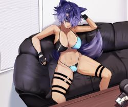 Rule 34 | 1girl, animal ears, bikini, blue eyes, blue hair, breasts, cameltoe, camera, casting couch, cleavage, couch, fingerless gloves, gloves, hair over one eye, indie virtual youtuber, large breasts, raccoon ears, raccoon girl, raccoon tail, sitting, snuffy (vtuber), solo, swimsuit, tail, therrao, thigh strap, virtual youtuber, wet