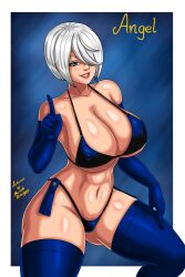 1girl angel_(kof) bikini blue_eyes breasts curvy female_focus gloves gluteal_fold huge_breasts large_breasts latex looking_at_viewer nipples one_eye_covered pale_skin panties rodriguesd-marcelo shiny_clothes shiny_skin short_hair smile smiley_face socks swimsuit the_king_of_fighters thick_thighs thighs tight_clothes underboob underwear white_hair wide_hips