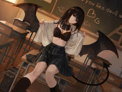 Rule 34 | 1girl, absurdres, bag, black bra, black hair, black socks, black tail, black wings, blue bow, blue bowtie, blue skirt, bow, bowtie, bra, breasts, chair, chalkboard, classroom, closed mouth, commentary request, demon tail, demon wings, desk, dutch angle, english text, fake tail, fake wings, feet out of frame, fingernails, hashimoto kokai, head tilt, heart, highres, indoors, kneehighs, lace, lace-trimmed bra, lace trim, large breasts, long hair, looking at viewer, nail polish, on desk, open clothes, open shirt, opened by self, original, plaid, plaid bow, plaid bowtie, plaid skirt, pleated skirt, red eyes, red nails, school bag, school chair, school desk, school uniform, shirt, sitting, on desk, skirt, socks, solo, tail, underwear, white shirt, wings