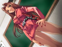 Rule 34 | 1girl, belt, black belt, breasts, brown hair, chalkboard, classroom, cleavage, dutch angle, feet out of frame, from below, game cg, hand on own hip, indoors, large breasts, long hair, looking at viewer, miniskirt, nail polish, panties, panties under pantyhose, pantyhose, pantyshot, parted bangs, parted lips, pencil skirt, red nails, skirt, solo, standing, teacher, tennin kyoushi, the seiji, underwear, upskirt, whip