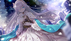 Rule 34 | 1girl, anastasia (fate), blue eyes, cape, commentary, doll, dress, fate/grand order, fate (series), hair over one eye, hairband, holding, holding doll, long hair, looking at viewer, silver hair, snow, snowing, solo, very long hair, viy (fate), yano mitsuki (nanairo)