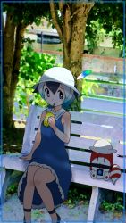 Rule 34 | 1girl, bare shoulders, bench, black footwear, black hair, blue dress, blue eyes, blush, cats yone, cetacean tail, common dolphin (kemono friends), dolphin girl, dress, drink, drinking, drinking straw, fins, fish tail, flats, hat feather, helmet, highres, kemono friends, kemono friends 3, lucky beast (kemono friends), multicolored hair, pith helmet, sailor dress, short hair, sitting, sleeveless, solo, tail, white hair