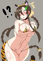 Rule 34 | 1girl, absurdres, animal ears, animal print, blush, breasts, brown hair, chinese zodiac, dot nose, female focus, grabbing own breast, grey background, highres, large breasts, long hair, nishiki (artist), ponytail, red eyes, shiny skin, sidelocks, skindentation, solo, standing, sweat, tail, tiger ears, tiger print, tiger tail, wide hips, year of the tiger