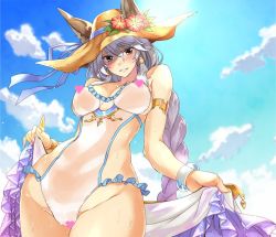 Rule 34 | 10s, 1girl, abo (hechouchou), animal ears, armlet, blue ribbon, blush, bracelet, braid, breasts, brown eyes, cat ears, censored, censored nipples, clothes lift, cloud, cloudy sky, commentary request, day, ears through headwear, erune, flower ornament, frilled swimsuit, frills, granblue fantasy, hair between eyes, hair tubes, hat, heart, heart censor, heles, heles (summer) (granblue fantasy), hip focus, jewelry, large breasts, long hair, looking at viewer, outdoors, parted lips, ribbon, sarong, sarong lift, see-through, sidelocks, silver hair, single braid, sky, smile, solo, straw hat, sun hat, swimsuit, thighs, very long hair, wet, wet clothes