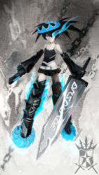 Rule 34 | 10s, 1girl, absurdres, black hair, black rock shooter, black rock shooter (character), black rock shooter beast, blue eyes, boots, broken, broken chain, chain, commentary, female focus, full body, glowing, glowing eye, gun, highres, long sword, midriff, miniskirt, navel, pale skin, partially colored, pleated skirt, poke (610366737), skirt, solo, sword, tank top, thigh boots, thighhighs, twintails, weapon, zipper