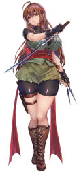 Rule 34 | 1girl, ahoge, bike shorts, black gloves, black shorts, boots, breasts, brown eyes, brown footwear, brown hair, closed mouth, commentary request, covered collarbone, cross-laced footwear, dagger, dual wielding, fingerless gloves, full body, gloves, headband, highres, holding, holding sword, holding weapon, holster, japanese clothes, knee boots, knife, knife belt, kunai, lace-up boots, large breasts, long hair, looking at viewer, ninja, obi, original, parted lips, red headband, reverse grip, sash, scabbard, sheath, shiny clothes, shiny skin, short sleeves, shorts, simple background, smile, solo, standing, sword, thigh holster, toriatto gununu, weapon, white background