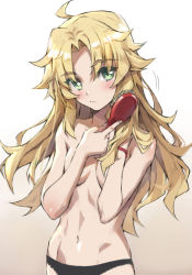 Rule 34 | 1girl, ahoge, black panties, blonde hair, blush, breasts, brush, brushing hair, brushing own hair, censored, censored nipples, convenient arm, covering privates, covering breasts, cowboy shot, fate/apocrypha, fate (series), fingernails, gradient background, green eyes, grey background, hair down, hands up, long hair, looking at viewer, mordred (fate), mordred (fate/apocrypha), navel, panties, parted bangs, revision, small breasts, solo, standing, tonee, topless, underwear, underwear only, wristband
