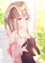 Rule 34 | 1girl, animal, animal on head, bare shoulders, black cat, blush, brown hair, cat, choker, collarbone, commentary request, dress, fangs, floral print, flower, gomzi, green ribbon, hair flower, hair ornament, hair ribbon, hairclip, holding, holding animal, long hair, long sleeves, looking at viewer, off-shoulder dress, off shoulder, on head, original, parted lips, print dress, red eyes, ribbon, solo, tongue, tongue out, white choker, white dress, window, x hair ornament, yellow eyes, yellow flower