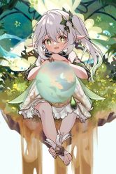 Rule 34 | 1girl, barefoot, camunekoz, commentary request, crystal ball, dress, genshin impact, green eyes, grey hair, hair between eyes, hair ornament, highres, long hair, looking at viewer, nahida (genshin impact), open mouth, pointy ears, sitting, solo, white background, white dress, wings