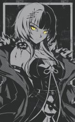 1girl arm_strap breasts chest_belt choker cleavage closed_mouth coat commentary dress english_commentary fur-trimmed_coat fur_trim greyscale hair_ornament halftone hav_(hy_hav) highres hololive hololive_english inset_border large_breasts looking_at_viewer monochrome multicolored_hair off_shoulder open_clothes open_coat shiori_novella shiori_novella_(1st_costume) solo split-color_hair split_mouth spot_color two-tone_hair virtual_youtuber yellow_eyes yorick_(shiori_novella)