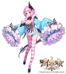 Rule 34 | 1girl, age of ishtaria, black footwear, blue dress, bow, breasts, cleavage, copyright name, copyright notice, dress, hair bow, hair ornament, heart, highres, jewelry, long sleeves, looking at viewer, medium breasts, moriko06, necklace, official art, pink hair, pink thighhighs, purple eyes, red pupils, shoes, short hair, striped bow, striped clothes, striped thighhighs, tail, thighhighs, vertical stripes, watermark, wide sleeves
