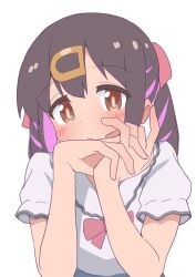 Rule 34 | 1girl, bare arms, black hair, brown eyes, commentary, dot nose, hair ornament, hairclip, hatafuta, highres, interlocked fingers, light blush, looking at viewer, multicolored hair, onii-chan wa oshimai!, own hands together, oyama mihari, purple hair, shirt, short sleeves, simple background, solo, two-tone hair, upper body, white background, white shirt