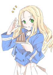 Rule 34 | 1girl, absurdres, bc freedom military uniform, blonde hair, blue jacket, blue vest, bright pupils, bu4321, cake, eating, food, food on face, girls und panzer, green eyes, high collar, highres, jacket, long hair, long sleeves, looking at viewer, marie (girls und panzer), pleated skirt, simple background, skirt, solo, vest, white background, white pupils, white skirt