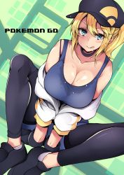 Rule 34 | 10s, 1girl, :q, bare shoulders, baseball cap, black leggings, blonde hair, blue eyes, blush, breasts, choker, cleavage, collarbone, copyright name, creatures (company), cropped jacket, dutch angle, female protagonist (pokemon go), fingerless gloves, game freak, gloves, hat, highres, large breasts, leggings, long hair, looking at viewer, nintendo, off shoulder, pokemon, pokemon go, ponytail, sacha, shoes, smile, sneakers, socks, solo, sweat, sweat stain, tank top, tongue, tongue out, wet, wet clothes