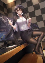 Rule 34 | 1girl, absurdres, black footwear, black hair, black jacket, black skirt, chair, collared shirt, commentary request, crossed legs, dress shirt, dutch angle, earbuds, earphones, glasses, grin, hair between eyes, high heels, highres, holding, holding paper, holding pen, indoors, jacket, jacket on shoulders, keyboard (computer), long hair, looking at viewer, miniskirt, monitor, mouse (computer), mugetsu2501, notebook, office lady, original, pantyhose, paper, pen, popped collar, shirt, sitting, skirt, smile, tile wall, tiles, watch, white shirt, wooden floor