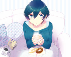 Rule 34 | 1girl, blue eyes, blue hair, blue sweater, collarbone, couch, digital media player, doughnut, food, hair between eyes, holding, ipod, long sleeves, off-shoulder sweater, off shoulder, open mouth, persona, persona 4, pillow, ribbed sweater, shinocco, shirogane naoto, short hair, sitting, solo, sweater, under covers