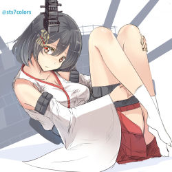 Rule 34 | 10s, 1girl, bad id, bad pixiv id, bare shoulders, black hair, breasts, cannon, detached sleeves, hair ornament, japanese clothes, kantai collection, large breasts, legs folded, nontraditional miko, personification, red eyes, short hair, silhouette, skirt, solo, sts, tabi, turret, yamashiro (kancolle)
