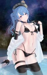 Rule 34 | 1girl, absurdres, barbell piercing, beret, bikini, black bikini, black choker, black gloves, black pantyhose, blue eyes, blue hair, breasts, choker, clothes pull, contrapposto, crown, ear piercing, gloves, grin, hat, head tilt, highres, hololive, hoshimachi suisei, industrial piercing, long hair, looking at viewer, mini crown, navel, pantyhose, pantyhose pull, partially fingerless gloves, piercing, plaid headwear, shooting star, side-tie bikini bottom, side ponytail, skindentation, sky, small breasts, smile, solo, star (sky), star (symbol), star in eye, starry sky, stomach, strap pull, swimsuit, symbol in eye, thigh strap, tojo aoi, virtual youtuber, wading, water, wavy hair, wet