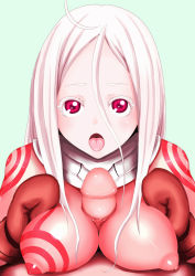 1boy 1girl albino blush bodysuit breasts deadman_wonderland gloves hetero long_hair lying mittens nipples on_side open_mouth paizuri paizuri_over_clothes pale_skin penis red_eyes shiro_(deadman_wonderland) simple_background skin_tight white_hair