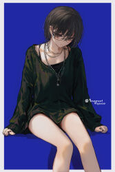 Rule 34 | 1girl, bare legs, black hair, black nails, blue background, border, closed mouth, eyelashes, glasses, grey eyes, hair between eyes, highres, inaeda kei, invisible chair, jewelry, long sleeves, necklace, original, short hair, simple background, sitting, sleeves past wrists, solo, twitter username