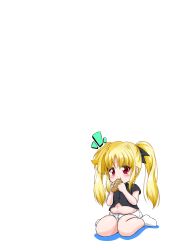 Rule 34 | 1girl, blonde hair, blush, eating, fate testarossa, hair ribbon, highres, long hair, lyrical nanoha, mahou shoujo lyrical nanoha, mahou shoujo lyrical nanoha a&#039;s, misril, navel, plump, ribbon, simple background, sitting, solo, twintails, white background