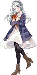 Rule 34 | 1girl, argyle, argyle clothes, argyle legwear, boots, bouquet, brown pantyhose, dress, drew (drew213g), flower, full body, hairband, jacket, kantai collection, long hair, official art, open mouth, pantyhose, plaid shawl, purple eyes, sagiri (kancolle), shawl, silver hair, socks, solo, standing, standing on one leg, swept bangs, transparent background