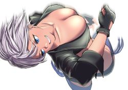 Rule 34 | 1girl, angel (kof), black gloves, black jacket, blue eyes, bra, breasts, chaps, cleavage, clenched hand, collarbone, commentary, cropped jacket, fingerless gloves, gloves, grin, hair between eyes, hair over one eye, highres, jacket, keke (akuringo731), large breasts, leather, leather jacket, looking down, looking to the side, midriff, short hair, simple background, smile, snk, solo, strapless, strapless bra, teeth, the king of fighters, the king of fighters 2001, the king of fighters xiv, underwear, white background, white hair
