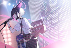 Rule 34 | animal ears, aqua wristband, bass guitar, black choker, black hair, black mask, blue archive, cancer (zjcconan), cat ears, choker, clothes around waist, colored inner hair, commentary, cowboy shot, diffraction spikes, earclip, earrings, extra ears, fender jazz bass, guitar, hair ornament, hairclip, halo, highres, holding, holding guitar, holding instrument, holding microphone, instrument, jewelry, kazusa (band) (blue archive), kazusa (blue archive), looking ahead, mask, mask pull, microphone, mouth mask, multicolored hair, music, official alternate costume, open mouth, pink hair, pink halo, pink wristband, red eyes, red wristband, shirt, short hair, singing, stage lights, standing, stud earrings, t-shirt, teeth, two-tone hair, upper teeth only, white shirt, wristband